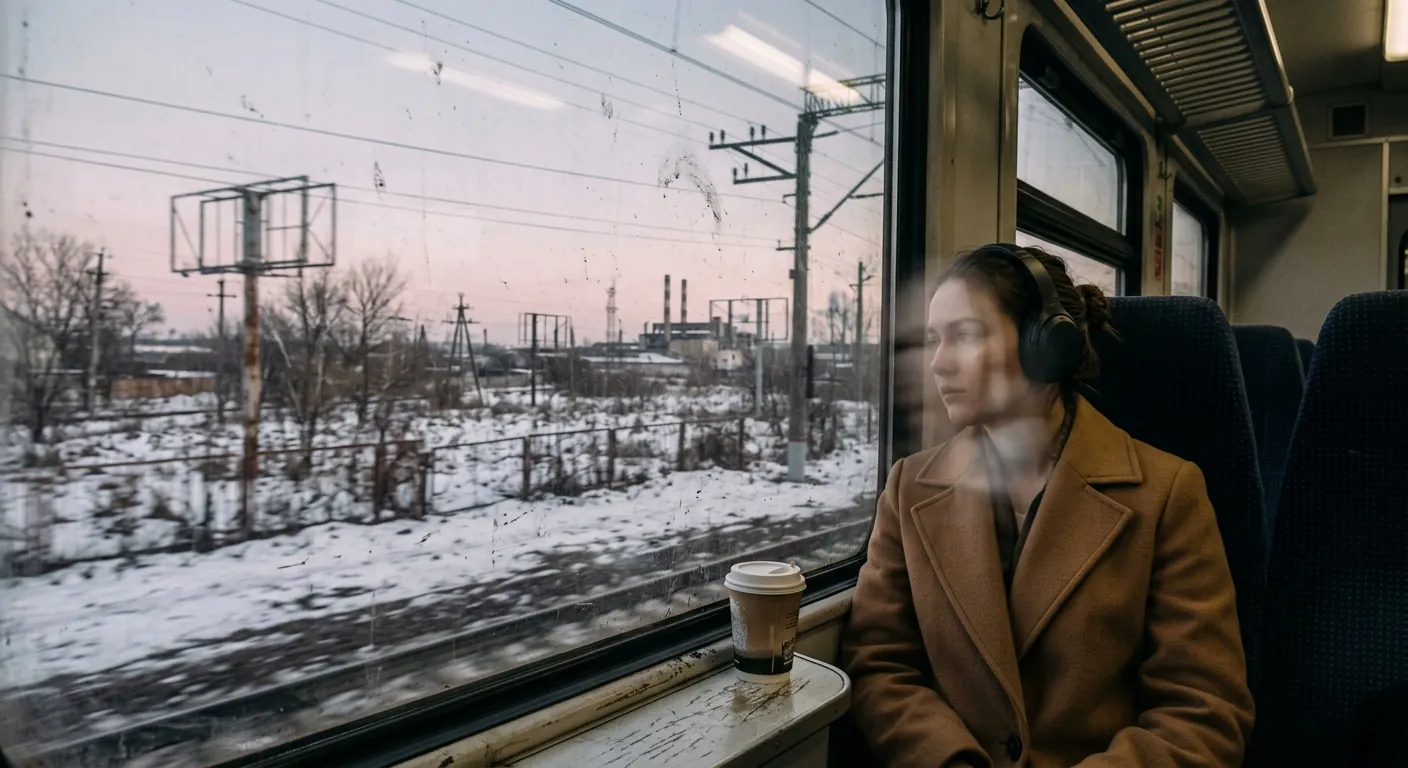 Smartphone snapshot through a train window, winter afternoon, slightly dirty glass softening the image. Desaturated muted colors, documentary travel feel.
Foreground: Reflection of a young woman inside the train wearing a camel coat and large headphones, her face only partially visible over the window glare.
Outside: Snow-dusted industrial outskirts with power lines, empty billboards, leafless trees, and a pale pink sky beginning to fade.
Details: A takeaway coffee cup on the windowsill, train seat fabric in dark blue, slight motion blur in the passing landscape. Quiet transient melancholy, understated European travel mood.