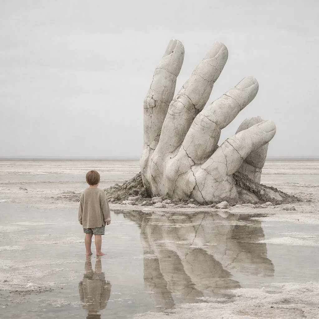 Arthouse sci-fi landscape, overcast pale sky, muted sand and chalk tones. A solitary child in an oversized beige sweater stands in a flat salt field facing a colossal broken marble hand half-buried in the ground, fingers emerging from the earth like ancient ruins. Thin water across the salt reflects both the child and the sculpture in a distorted mirror. Empty horizon, eerie calm, monumental scale, contemplative surrealism, soft desaturation, still and strange.