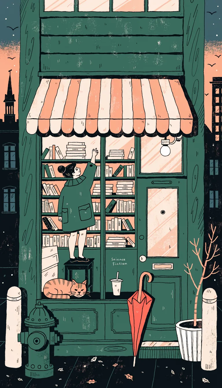 Risograph print illustration, limited palette of forest green, faded peach, cream, and deep navy. Slight misregistration, textured paper grain, halftone shading, flat graphic forms.
Scene: A tiny bookstore at dusk viewed from outside through a large front window. Inside, a woman in an oversized coat stands on a small stool reaching for the top shelf.
Objects: Teetering stacks of books, a cat asleep in the display window, a paper cup on the counter, handwritten shelf labels, one red umbrella leaning by the door.
Mood: Cozy urban loneliness, indie zine aesthetic, intimate neighborhood charm, quiet evening stillness.