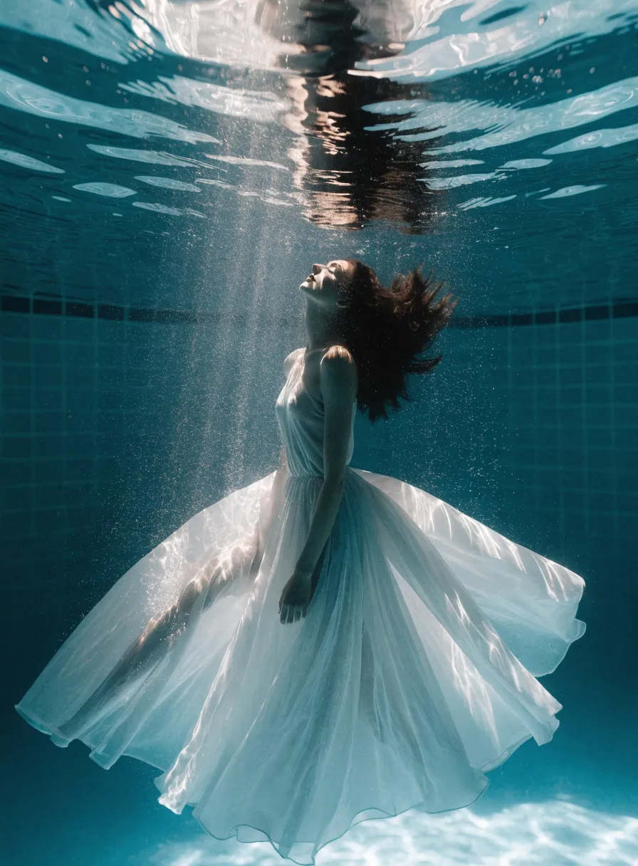 Editorial underwater photography, medium format look, cool cyan water with sharp silver highlights, minimal composition and serene tension.
Subject: A woman floating vertically underwater in a long semi-sheer white dress that expands around her like a soft cloud. Arms relaxed, eyes closed, hair drifting upward.
Light: A narrow column of sunlight cuts down from the surface, illuminating only part of her face and torso while the lower half fades into blue-green depth.
Background: Empty pool walls with faint tile lines, no props, no bubbles dominating. Dreamlike stillness, ethereal fashion surrealism.