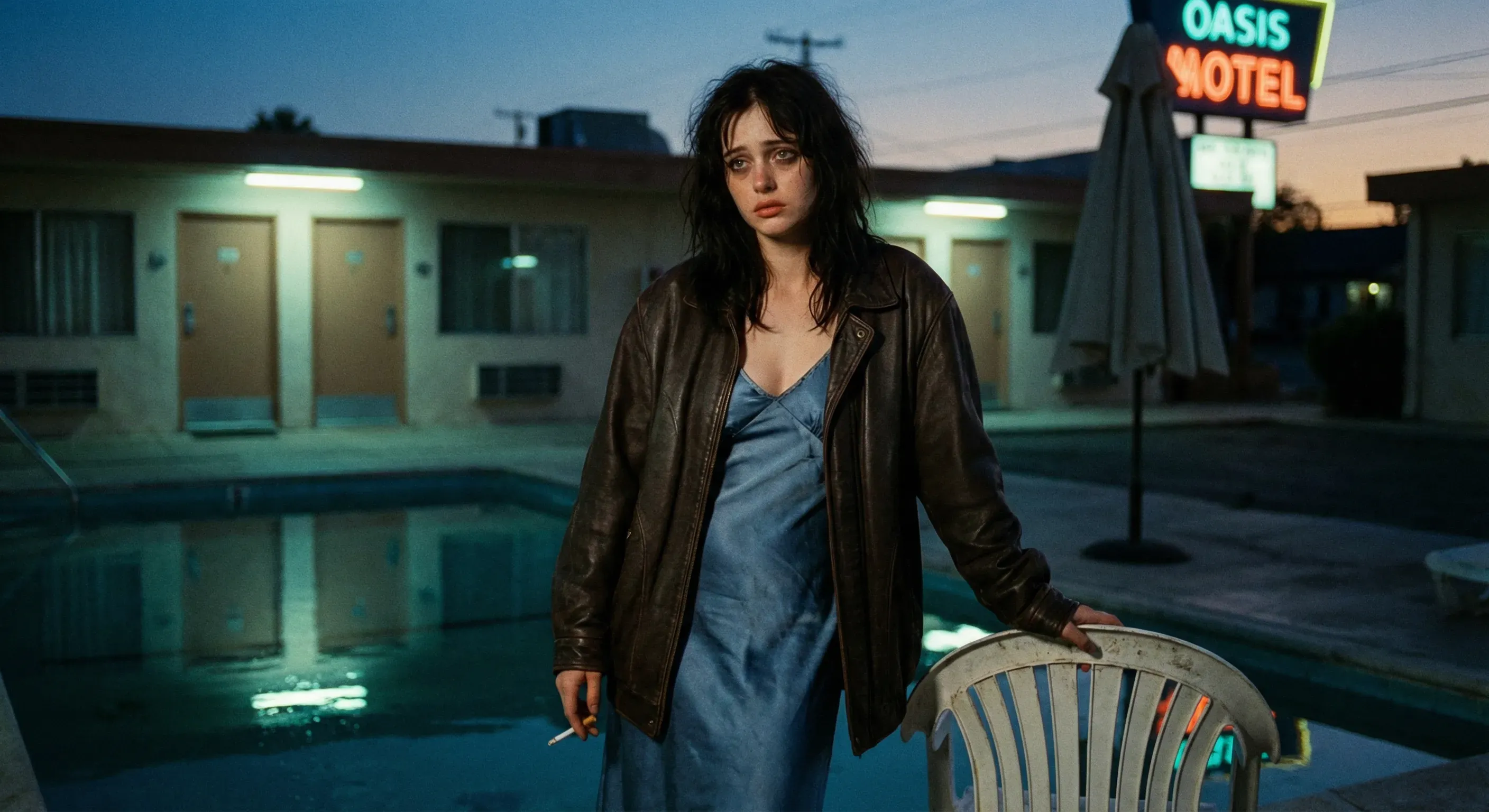 Cinematic 35mm film still, dusk, soft grain, muted but rich color palette with faded blue, tobacco brown, silver-grey, and pale skin tones. A very beautiful young woman with striking editorial features, luminous skin, large dark eyes, and softly parted lips stands alone beside a nearly empty outdoor motel pool. She wears a pale blue satin slip dress under an oversized dark leather jacket slipping off one shoulder. One hand rests on a white plastic chair, the other holds a cigarette low by her side. The pool water is still and slightly murky, reflecting weak turquoise light. Background: beige motel doors, humming fluorescent wall lamps, one closed umbrella, and a deepening indigo sky. Quiet lonely glamour, romantic melancholy, slow cinema mood.