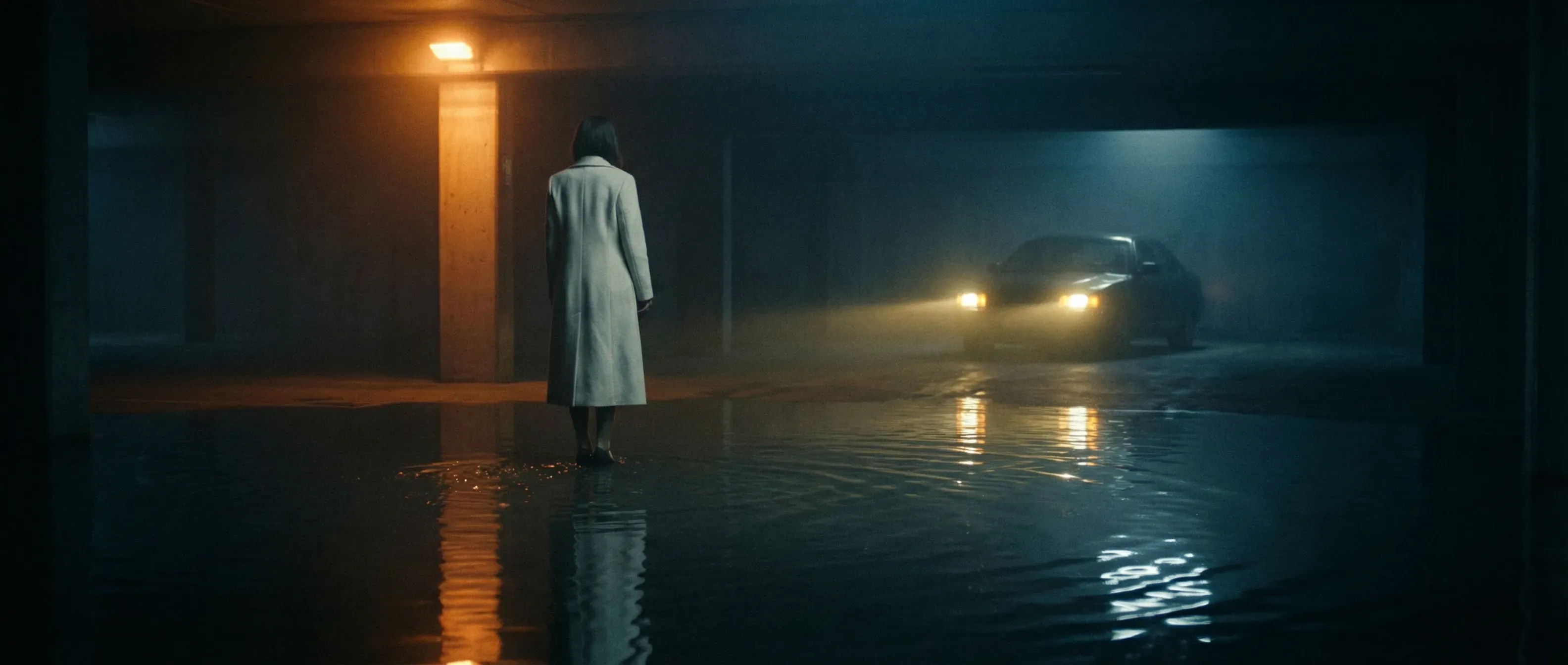 Cinematic arthouse film still, wide frame, deep night fog, cold blue-black palette with a single warm sodium light source. A lone woman in a long structured ivory coat stands at the edge of a flooded underground parking garage, the shallow water covering the concrete floor like a mirror. In the distance, a parked black car with both headlights on points toward her through the mist, beams diffused into soft glowing cones. Her reflection stretches toward camera in trembling ripples. Vast negative space, moody silence, slow-burn psychological tension, soft grain, elegant surrealism.