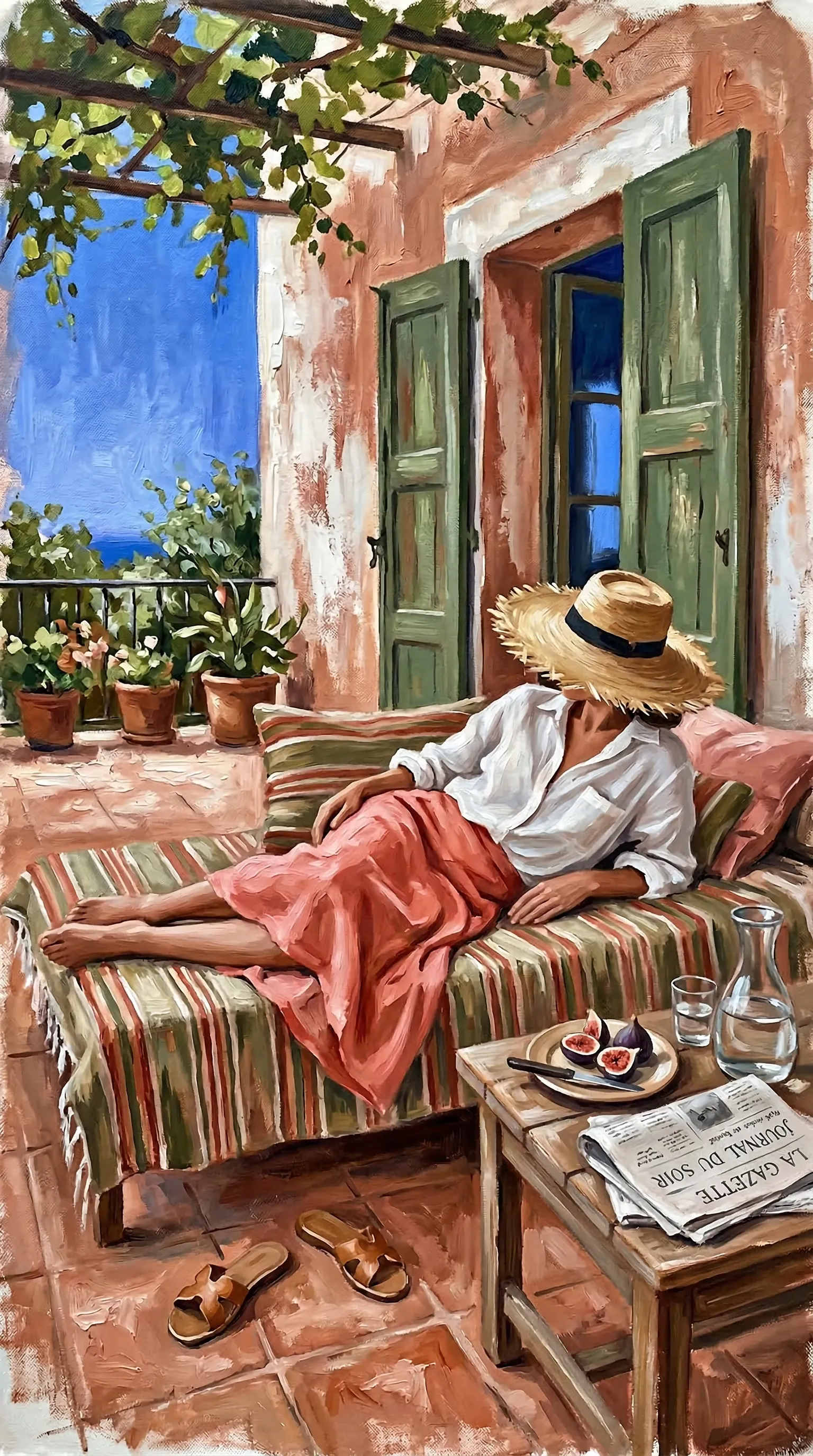 Contemporary oil painting, faceless figure, matte pigment texture with visible brush strokes and softened edges. Warm terracotta, dusty pink, olive, and chalk white palette.
Subject: A woman reclining diagonally across a striped daybed on a shaded terrace, wearing a loose white shirt and coral skirt. Her face is obscured by a wide straw hat tilted low.
Objects: A small table with sliced figs on a plate, a glass carafe of water, and folded newspapers. One sandal fallen sideways on the floor.
Background: Limewashed wall, green wooden shutters thrown open, a narrow slice of ultramarine sky beyond. Mediterranean noon heat, relaxed elegance, still and painterly.