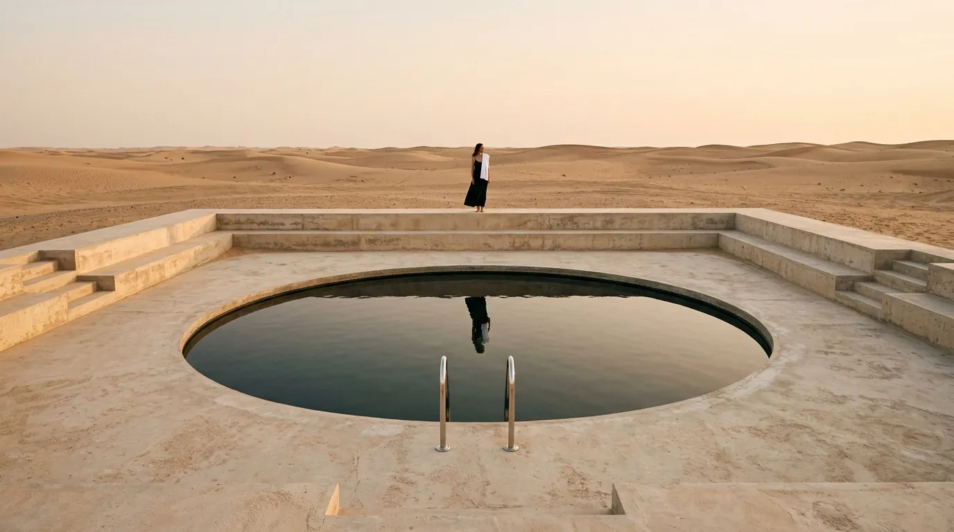 Large format film photograph, golden-hour desert light, high clarity, rich but restrained colors, monumental composition with strong negative space.
Scene: A shallow sunken courtyard carved into pale sand-colored concrete, centered around a circular pool of dark still water. At the edge stands a single chrome ladder descending into the pool.
Subject: A woman in a long black dress stands on the far side, tiny against the architecture, holding a white towel over one shoulder. Her reflection is broken slightly by ripples.
Background: Endless sand and a low horizon line beneath a pale apricot sky. Minimalist luxury, architectural solitude, quiet surrealism.