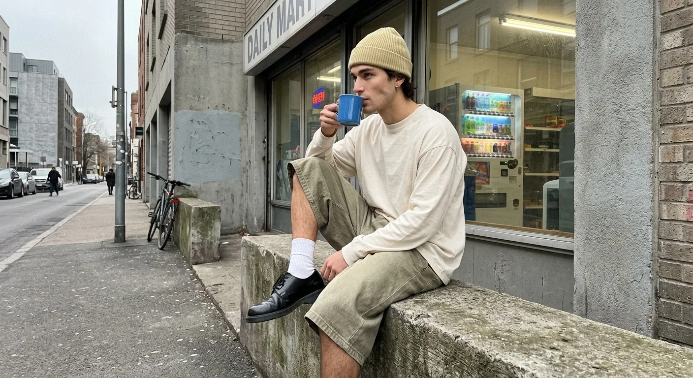 Casual smartphone photo, flat outdoor winter daylight, low contrast, soft desaturated palette with stone, cream, washed olive, and muted lemon yellow. A very handsome young man with clear skin, strong cheekbones, sleepy eyes, tousled hair, and a relaxed editorial street-cast look sits sideways on a concrete ledge outside a convenience store. He has an understated but instantly photogenic face.

He wears a ribbed pale-yellow beanie, oversized off-white long-sleeve shirt, long khaki shorts, white crew socks, and polished black shoes. He drinks from a bright blue ceramic mug. Relaxed slouched posture, one knee raised.

Background: dull urban side street, grey building facade, one vending machine glowing faintly through a window, empty asphalt. Quiet anti-fashion streetwear image, understated and very cool.