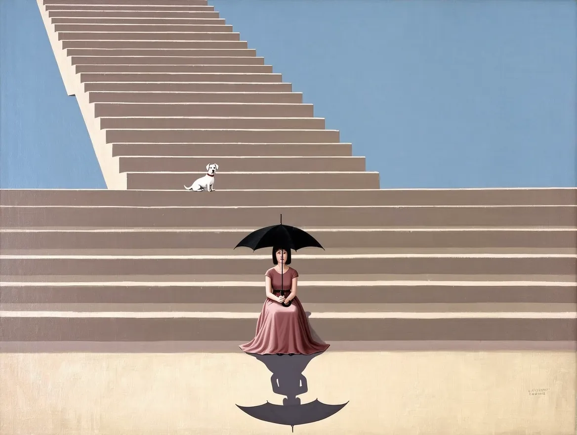 Surreal contemporary painting, flattened perspective, chalky matte surface, restrained palette of sand, sky blue, black, and dusty rose.
Scene: A giant staircase in an empty plaza leads nowhere, ending abruptly in open sky. At the base sits a woman in a long rose dress holding a black umbrella closed across her lap.
Details: Her shadow stretches unnaturally long across the pale stone ground. A small white dog stands halfway up the stairs looking back down.
Mood: De Chirico-like stillness, architectural dream logic, contemplative solitude, elegant absurdity.
