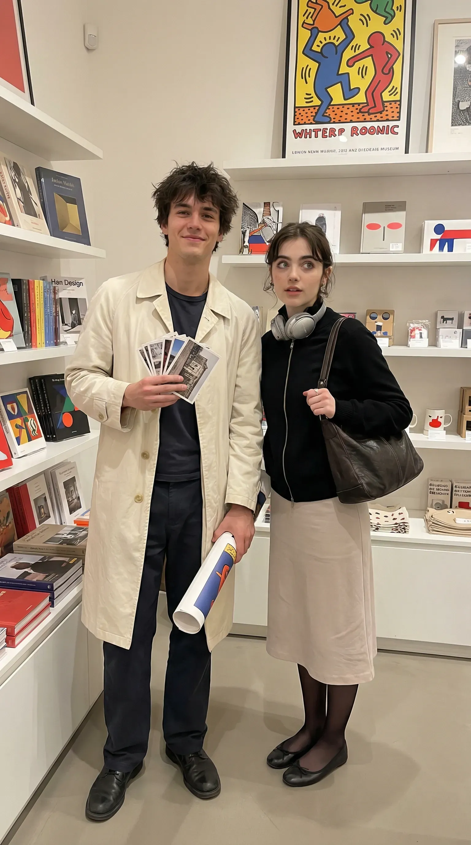 Casual smartphone camera photo, full-body portrait of two exceptionally attractive young people in a museum gift shop. Both have striking editorial features, clear luminous skin, symmetrical faces, strong photogenic bone structure, and an effortless model-off-duty presence. Natural but very beautiful, not commercial-perfect, more like cool fashion kids you would actually save on an explore page.
Flat soft indoor lighting, muted colors, low contrast, candid but aesthetically magnetic.

Left person: very handsome young man with tousled dark hair, soft angular jawline, straight nose, expressive eyes, relaxed confident expression. Wearing an oversized cream trench over a faded graphic tee, dark trousers, and black sneakers. Holding a fan of postcards and a rolled exhibition poster.

Right person: very beautiful young woman with delicate but striking features, glossy skin, large eyes, softly defined lips, and a refined cool-girl presence. Wearing a black zip jacket, pale midi skirt, opaque tights, ballet flats, and silver over-ear headphones around the neck. Brown leather shoulder bag.

Background: clean white shelves filled with art books, design objects, and museum postcards, one bold color-block poster on the wall. Slight smartphone softness, expensive artsy internet-photo energy, NO OVERLAY TEXT.