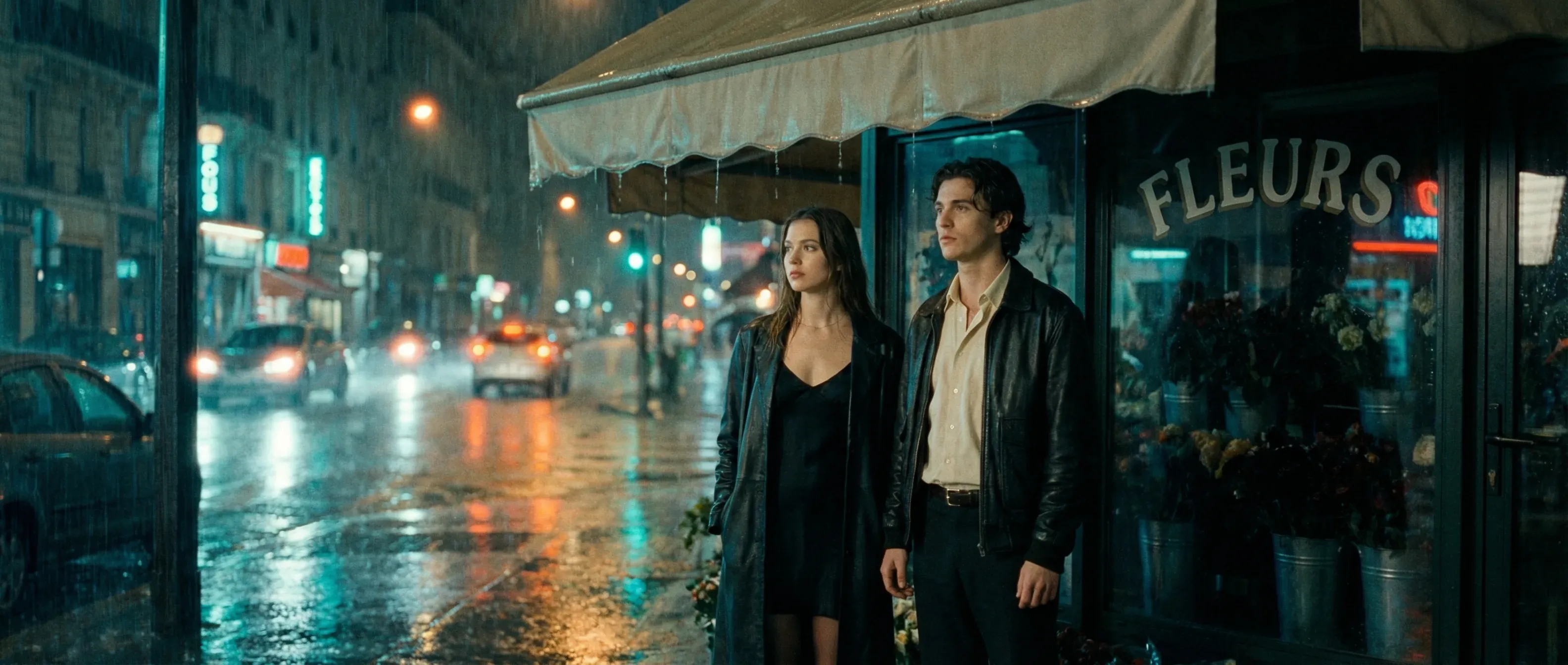 Slow-cinema style 35mm film still, rainy evening, cool green-blue urban palette with warm sodium reflections in the wet pavement. Two exceptionally attractive young people stand under the awning of a closed flower shop after dark, both with striking editorial features and soft luminous skin. The woman has large expressive eyes, glossy dark hair, and a black slip dress under a long charcoal coat. The man has messy hair, a strong jawline, and wears a cream shirt under a dark leather jacket. They stand close but do not touch, both looking out toward the street rather than at each other. Buckets of unsold flowers sit behind them in dim window light, and raindrops catch the neon reflections from nearby signs. Romantic distance, fashionable sadness, Wong Kar-wai-adjacent film mood.