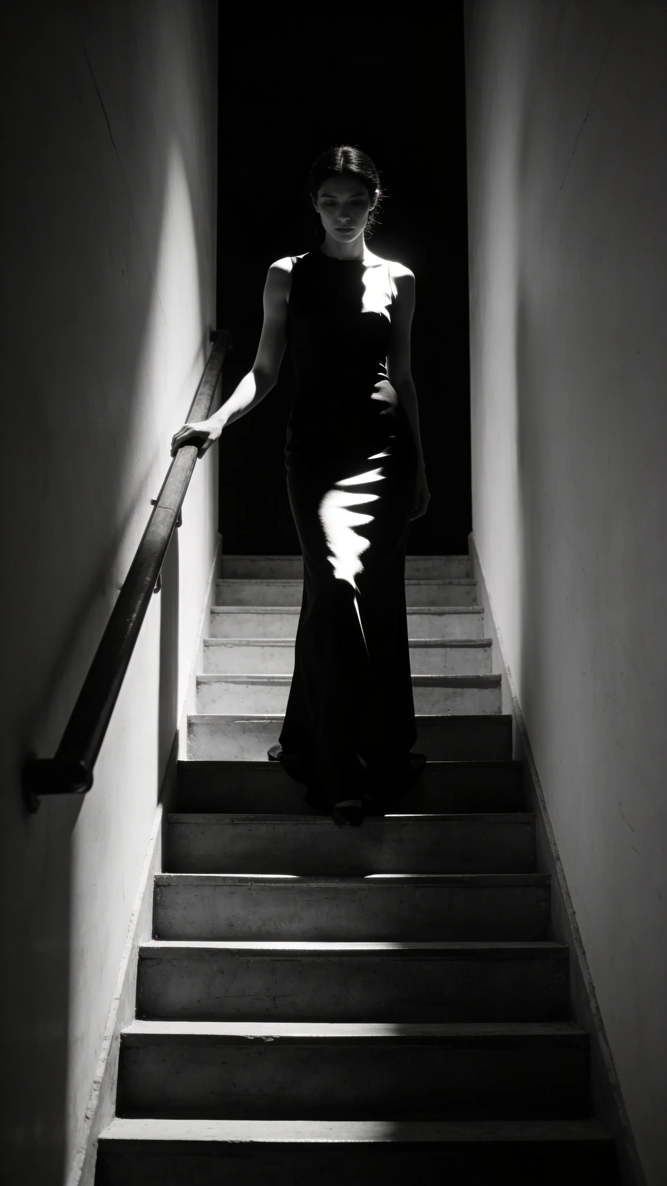 Shadow-heavy monochrome portrait, narrow staircase interior with one hard top light. A tall woman in a long black dress descends slowly with one hand grazing the banister, her face mostly hidden in darkness while the fabric of the dress catches sharp white highlights. The wall behind her disappears into pure black, making her seem to emerge from void. Severe, elegant, haunted, minimalist psychological drama, classic fashion-noir mood.